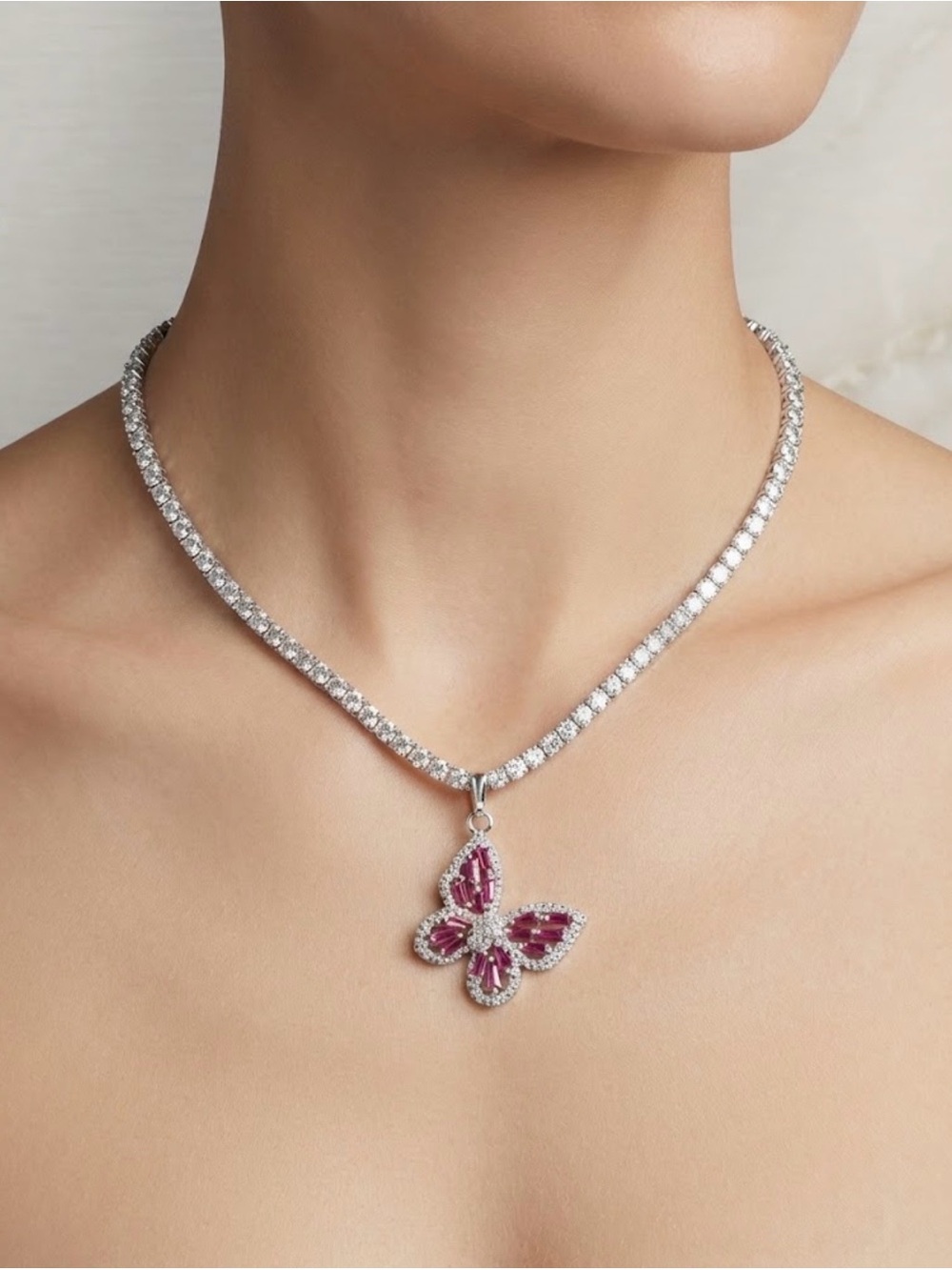 14K Gold Plated High Carbon CZ Tennis Necklace with Pink Butterfly Pendant